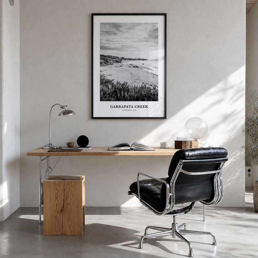 Garrapata Creek black & white classic poster of California, USA – vertical wall art in black wood frame, hanging on wall