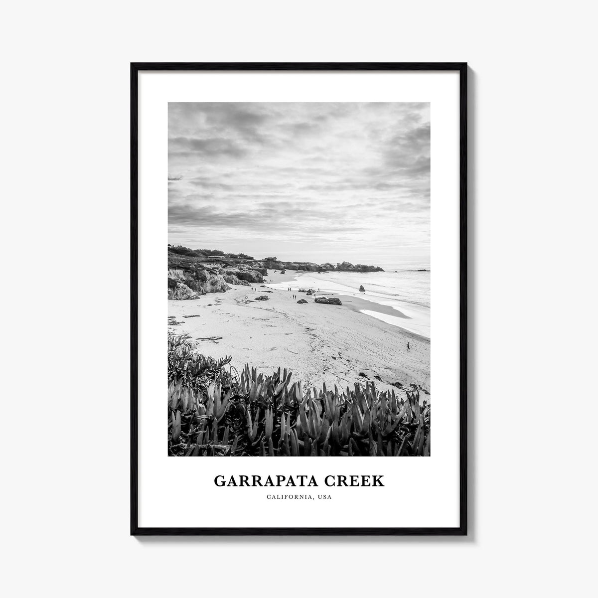 Garrapata Creek black & white classic poster of California, USA – vertical wall art, unframed print shown in interior mockup