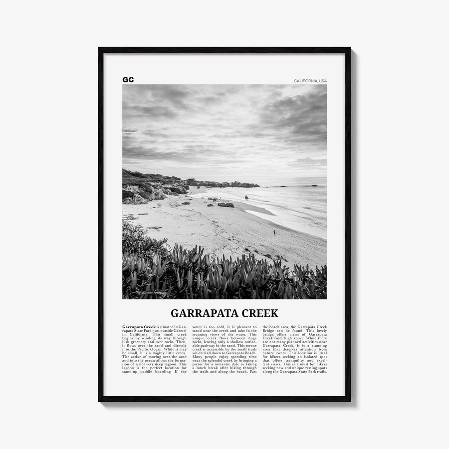 Garrapata Creek black & white newspaper poster of California, USA – vertical wall art, unframed print shown in interior mocku