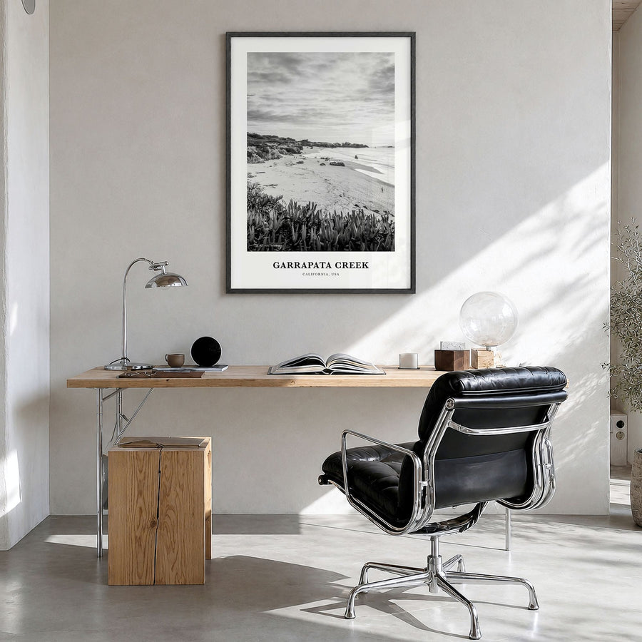 Garrapata Creek Classic Poster in a black wood frame, hanging in a bright home office