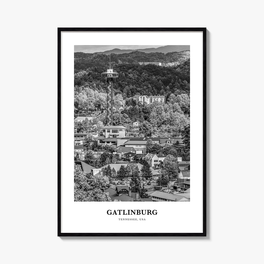 Gatlinburg black & white classic poster of Tennessee, USA – vertical wall art, unframed print shown in interior mockup