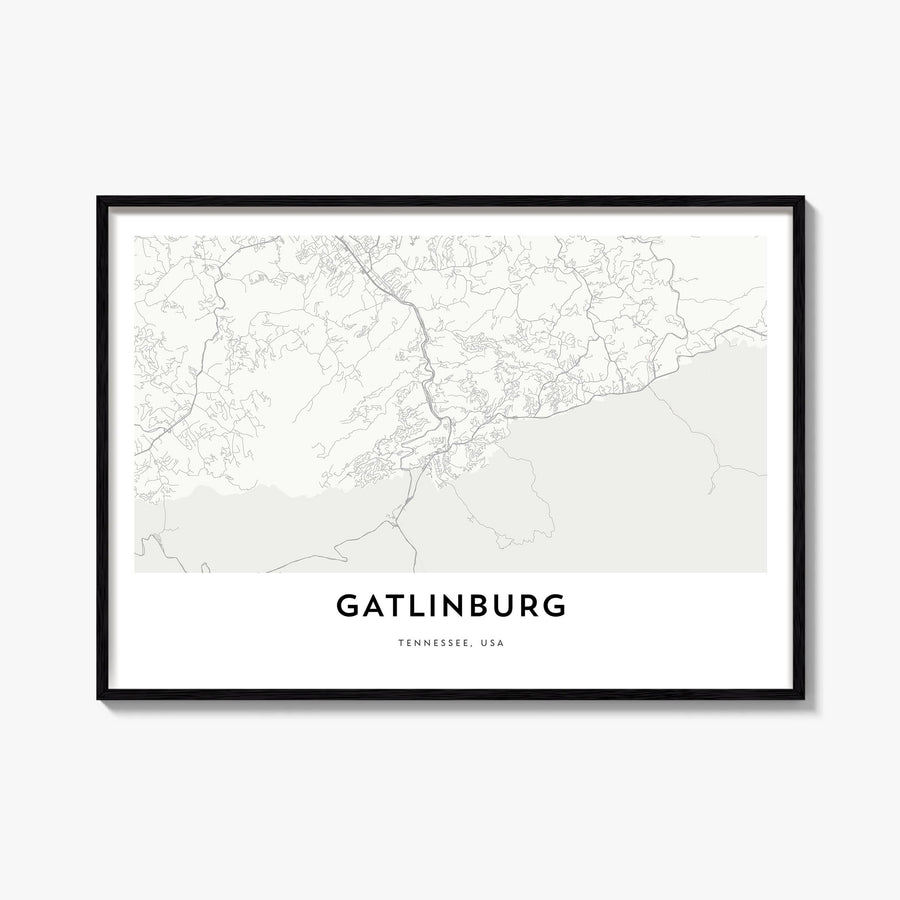 Gatlinburg black & white map poster of Tennessee, USA – horizontal wall art, unframed print shown in interior mockup
