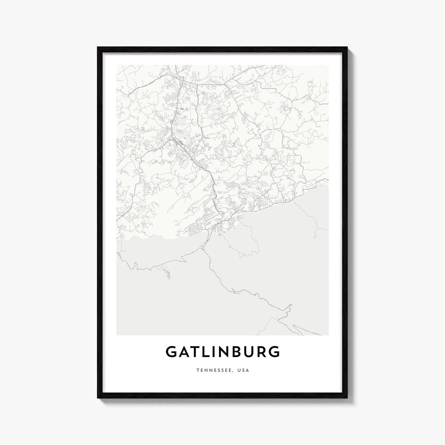 Gatlinburg black & white map poster of Tennessee, USA – vertical wall art, unframed print shown in interior mockup