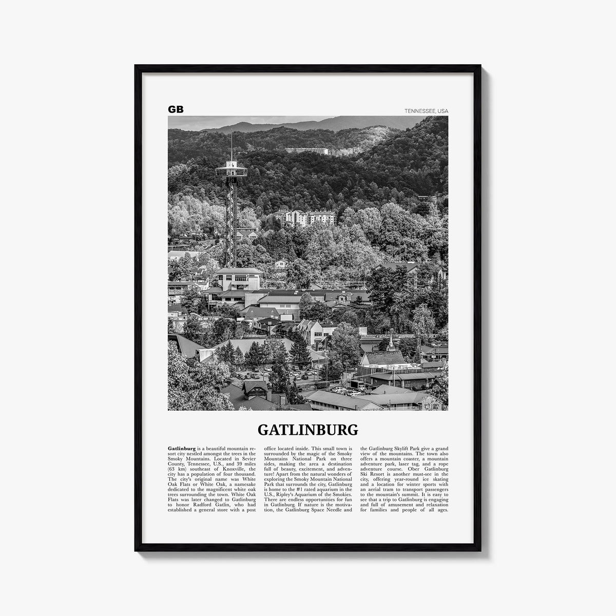 Gatlinburg black & white newspaper poster of Tennessee, USA – vertical wall art, unframed print shown in interior mockup