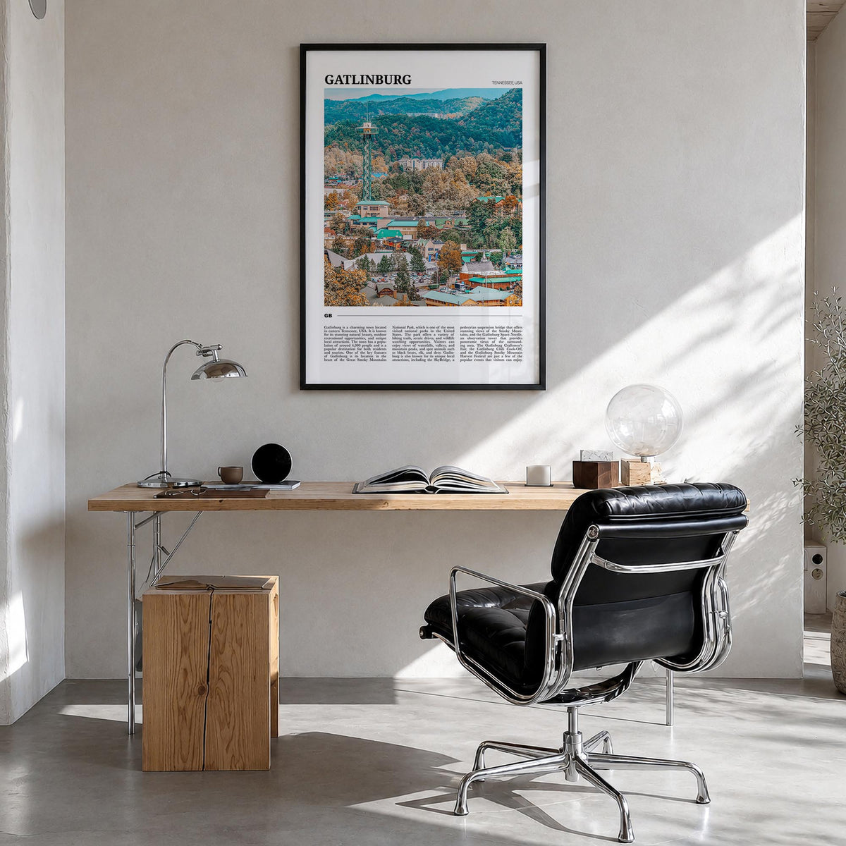 Gatlinburg colorful travel poster of Tennessee, USA – vertical wall art in black wood frame, hanging on wall