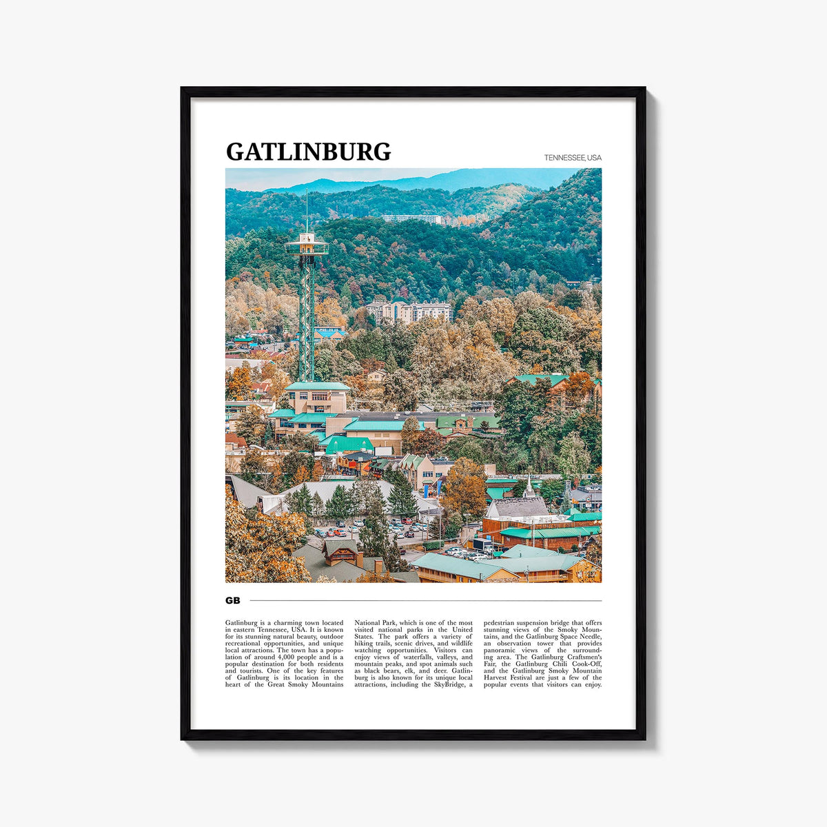 Gatlinburg colorful travel poster of Tennessee, USA – vertical wall art, unframed print shown in interior mockup
