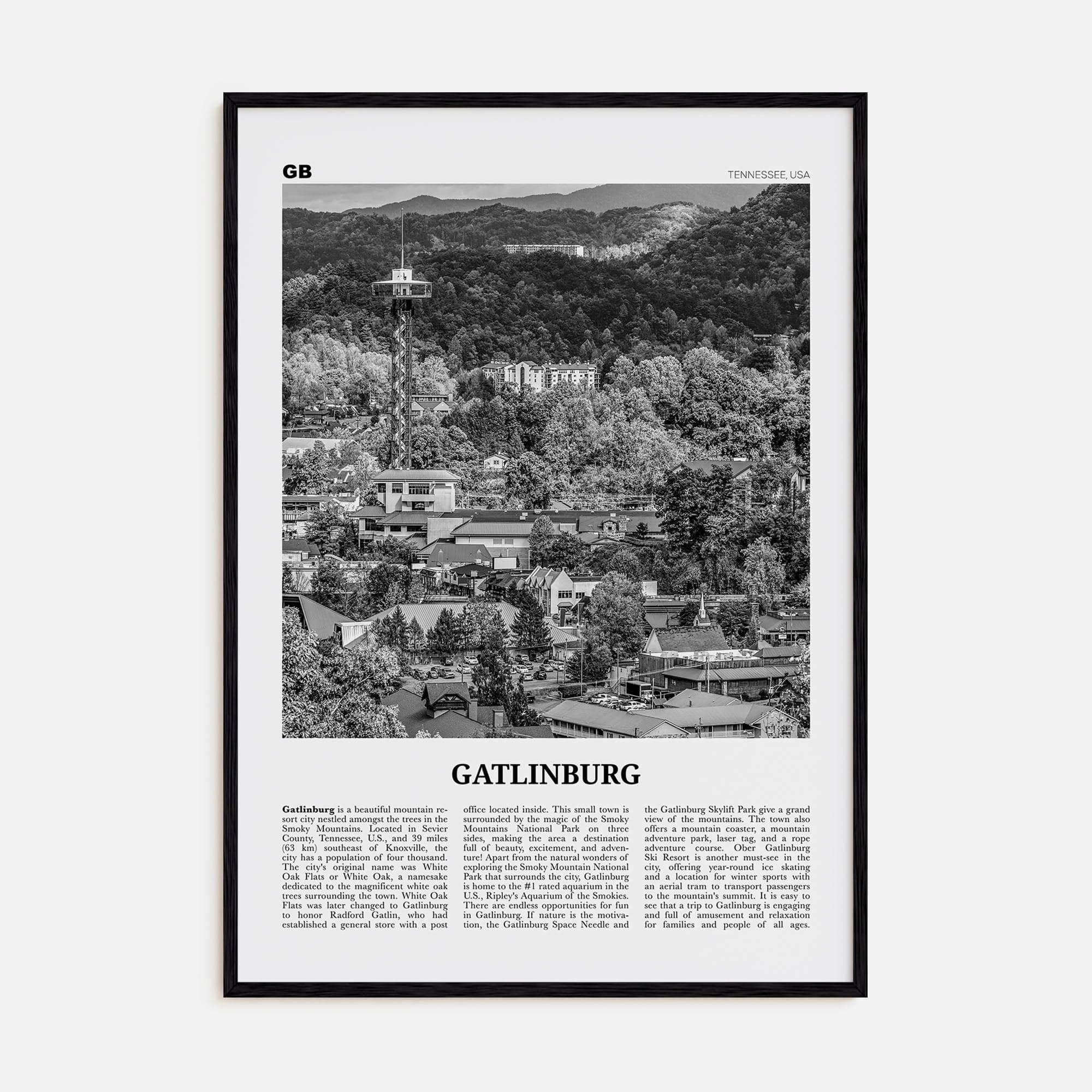 Gatlinburg Poster Black Wood / 8x12 in Nbourhood Travel B&W Poster