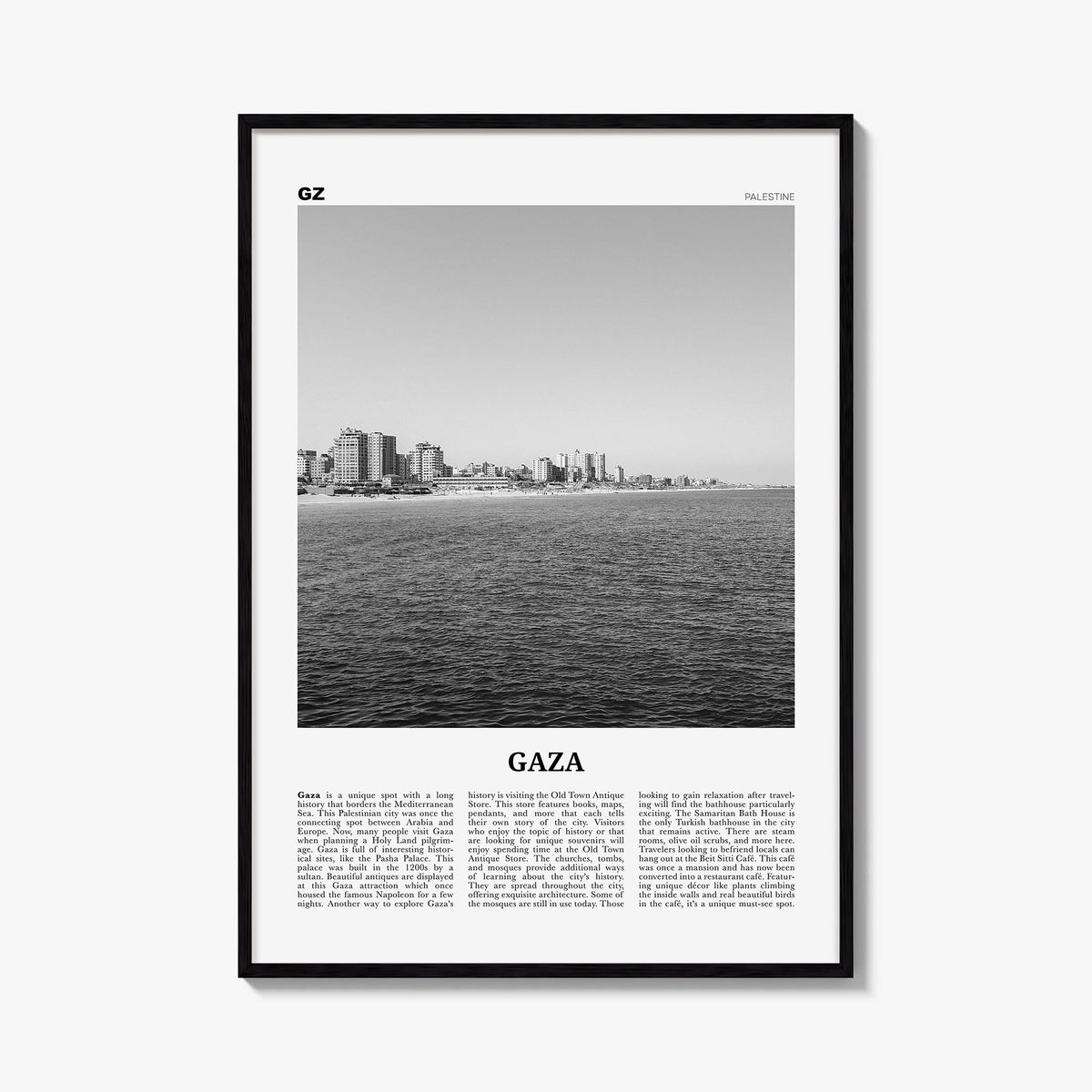 Gaza black & white newspaper poster of Palestine – vertical wall art, unframed print shown in interior mockup