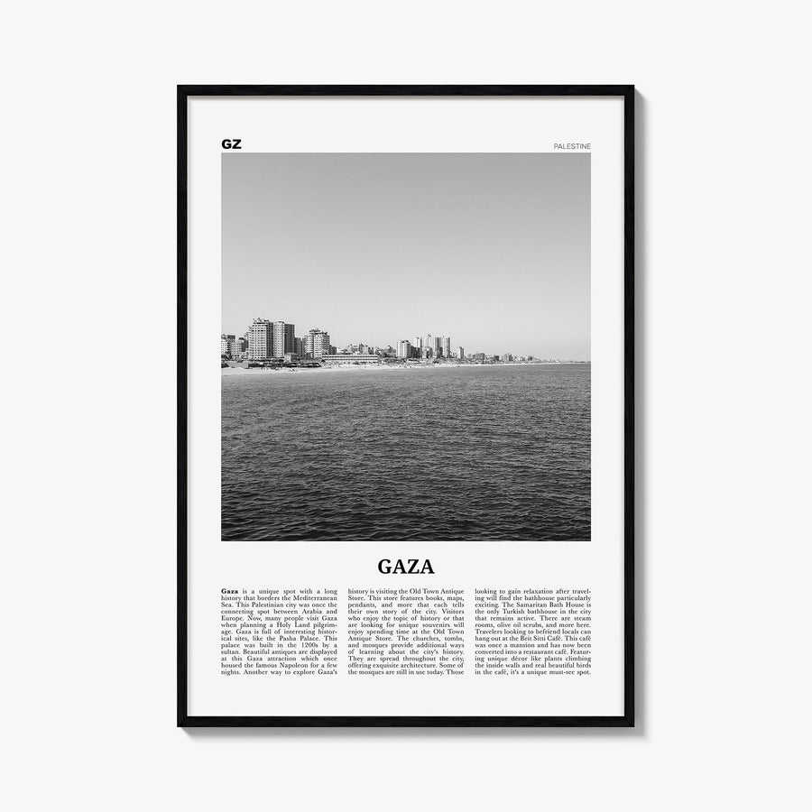 Gaza black & white newspaper poster of Palestine – vertical wall art, unframed print shown in interior mockup
