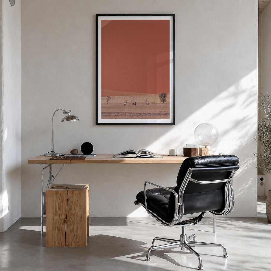 Gazella colorful photo poster – vertical wall art in black wood frame with white border, hanging on wall