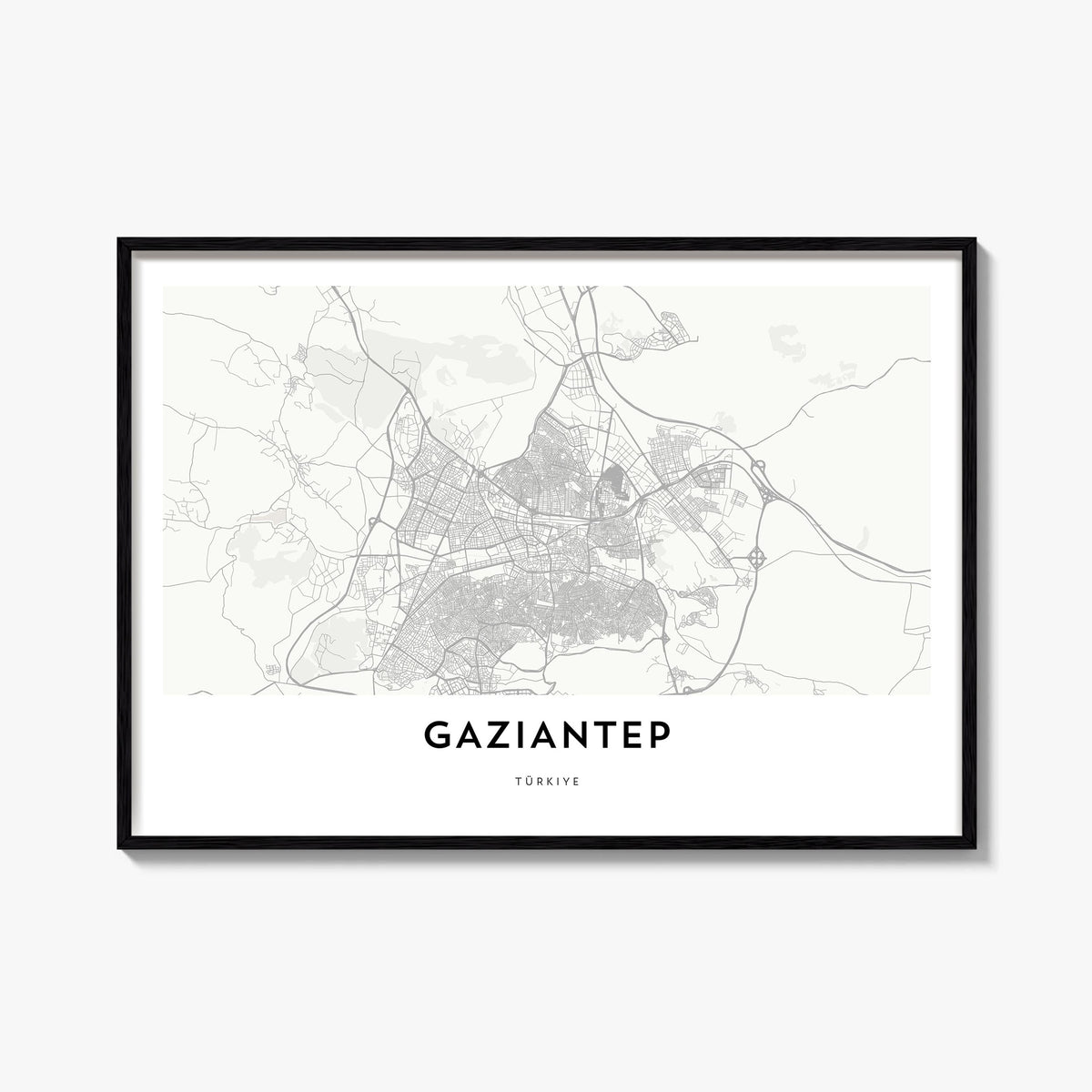 Gaziantep black & white map poster of Türkiye – horizontal wall art, unframed print shown in interior mockup