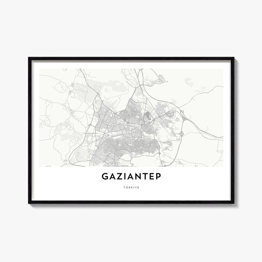 Gaziantep black & white map poster of Türkiye – horizontal wall art, unframed print shown in interior mockup