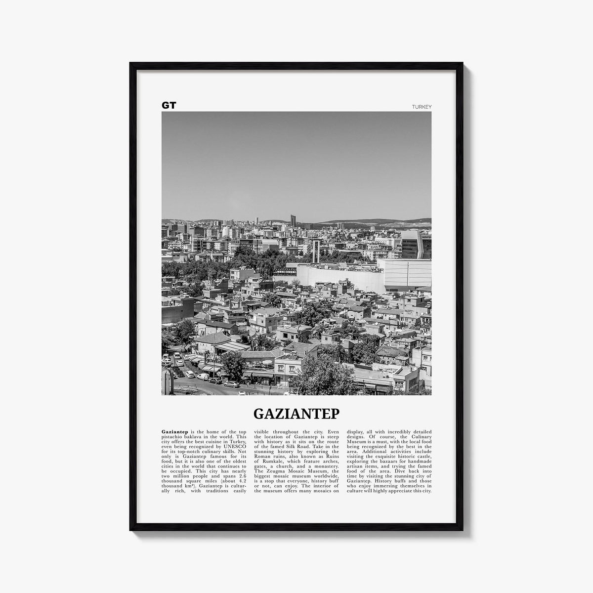 Gaziantep black & white newspaper poster of Türkiye – vertical wall art, unframed print shown in interior mockup
