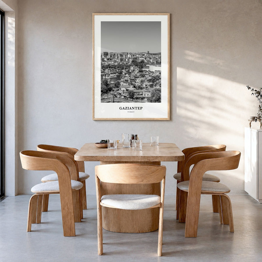 Gaziantep Classic Poster in a natural wood frame, hanging in a dining room