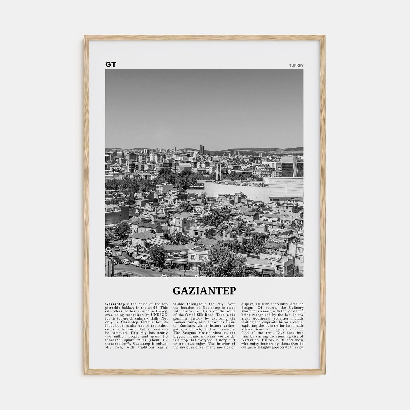 Gaziantep Poster Natural Wood / 8x12 in Nbourhood Travel B&W Poster