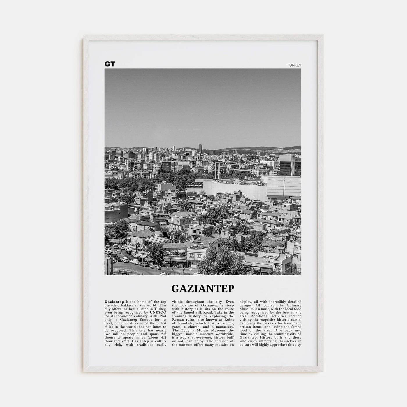 Gaziantep Poster White Wood / 8x12 in Nbourhood Travel B&W Poster