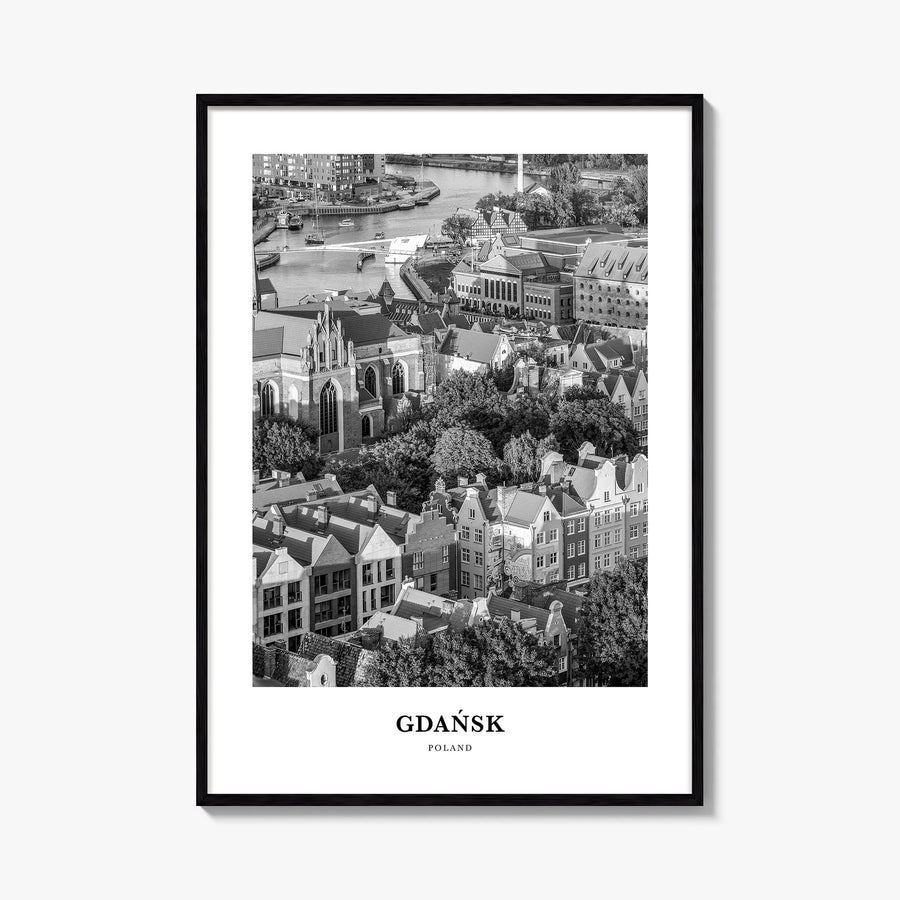 Gdańsk black & white classic poster of Poland – vertical wall art, unframed print shown in interior mockup