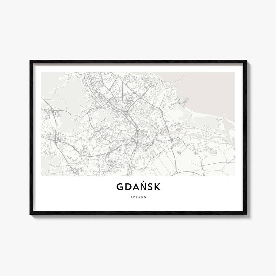 Gdańsk black & white map poster of Poland – horizontal wall art, unframed print shown in interior mockup