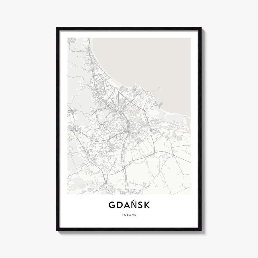 Gdańsk black & white map poster of Poland – vertical wall art, unframed print shown in interior mockup