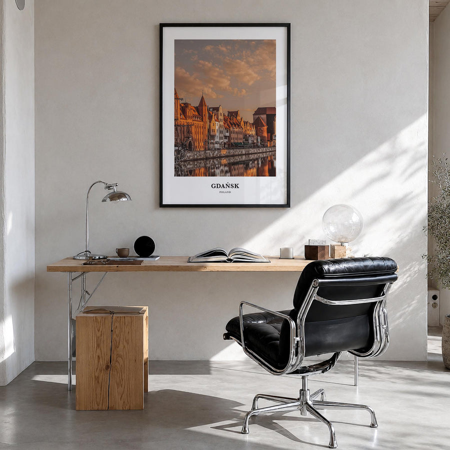 Gdańsk colorful classic poster of Poland – vertical wall art in black wood frame, hanging on wall