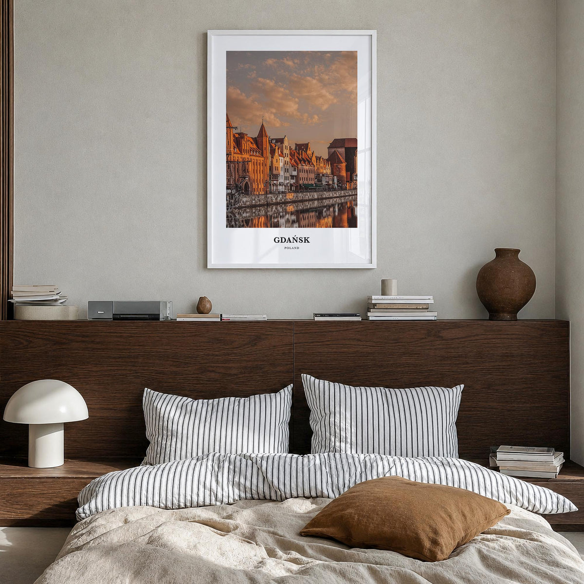 Gdańsk colorful classic poster of Poland – vertical wall art in white wood frame, hanging on wall