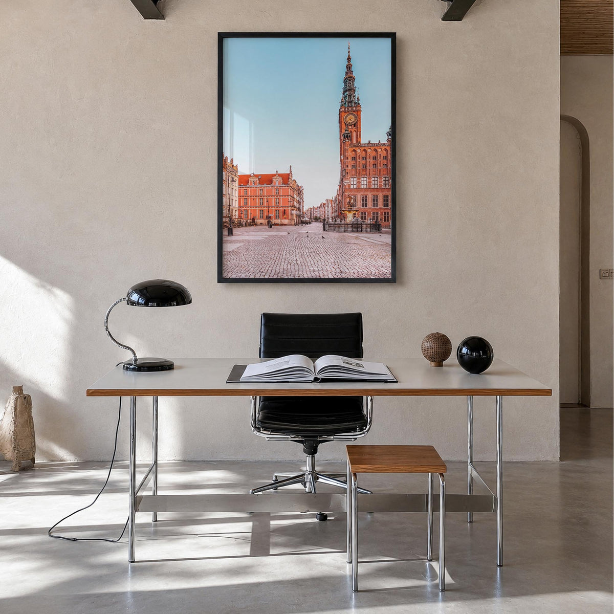 Gdańsk colorful photo poster of Poland – vertical wall art in black wood frame, hanging on wall