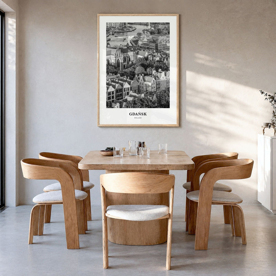 Gdańsk Classic Poster in a natural wood frame, hanging in a dining room