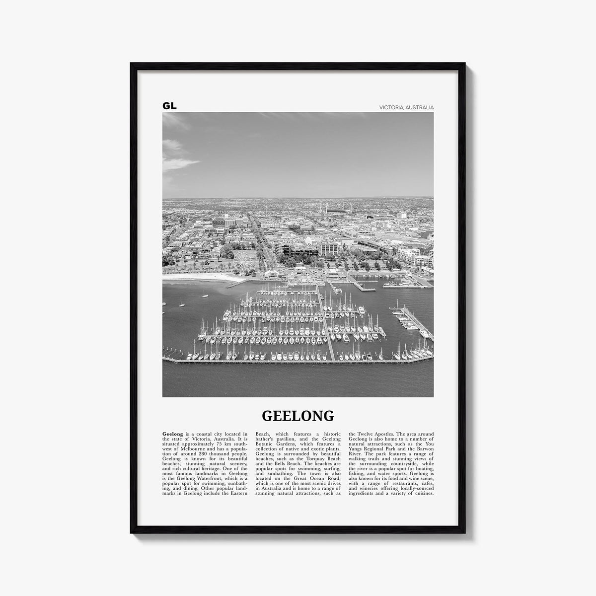 Geelong black & white newspaper poster of Australia – vertical wall art, unframed print shown in interior mockup