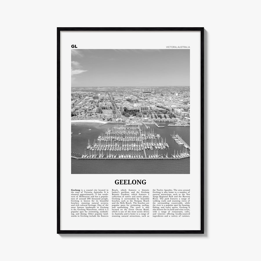 Geelong black & white newspaper poster of Australia – vertical wall art, unframed print shown in interior mockup