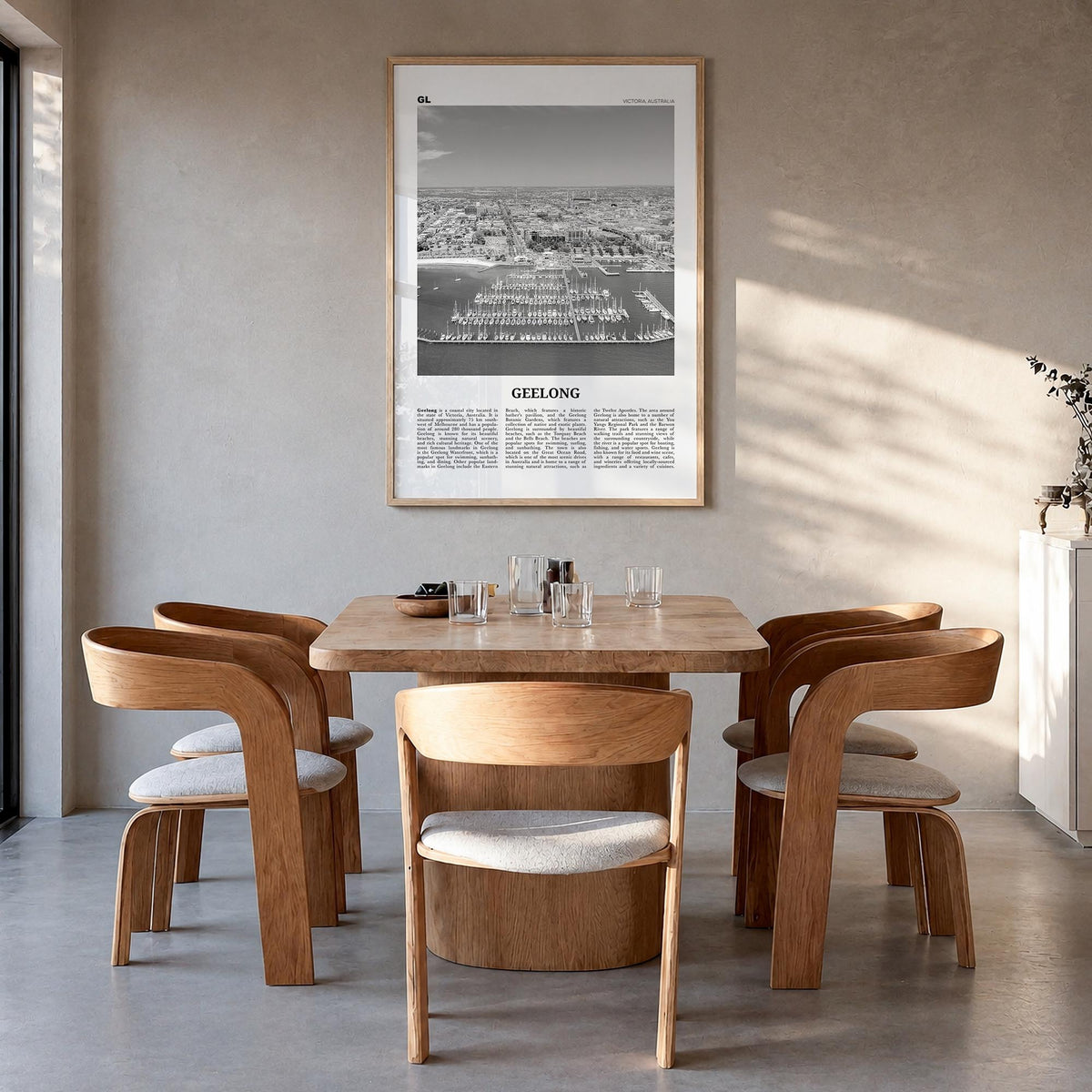 Geelong black & white newspaper poster of Australia – vertical wall art in natural wood frame, hanging on wall