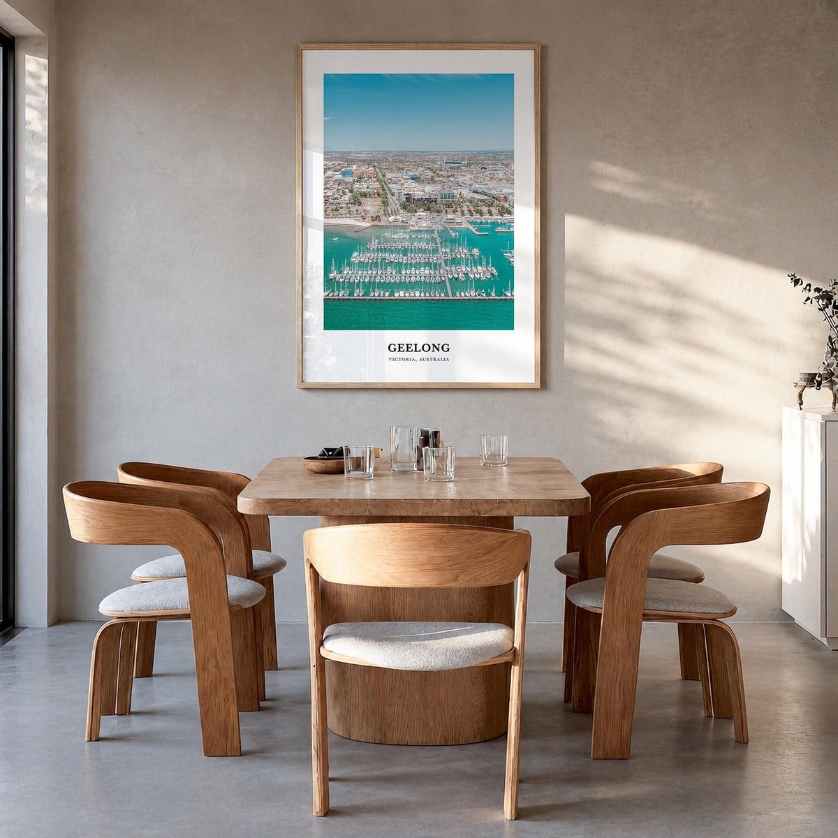 Geelong colorful classic poster of Australia – vertical wall art in natural wood frame, hanging on wall
