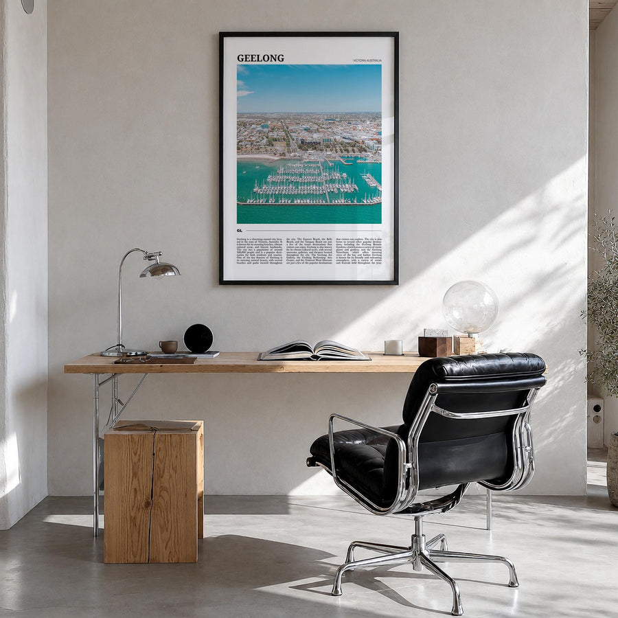 Geelong colorful travel poster of Australia – vertical wall art in black wood frame, hanging on wall