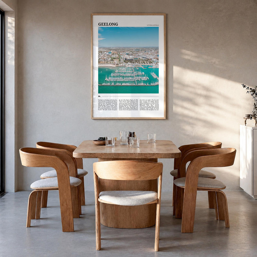 Geelong colorful travel poster of Victoria, Australia – vertical wall art in natural wood frame, hanging on wall