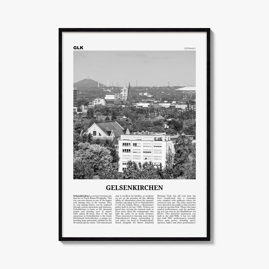 Gelsenkirchen black & white newspaper poster of Germany – vertical wall art, unframed print shown in interior mockup