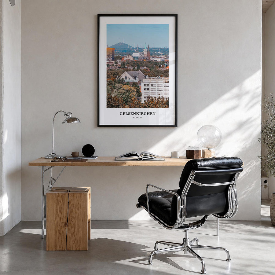 Gelsenkirchen colorful classic poster of Germany – vertical wall art in black wood frame, hanging on wall