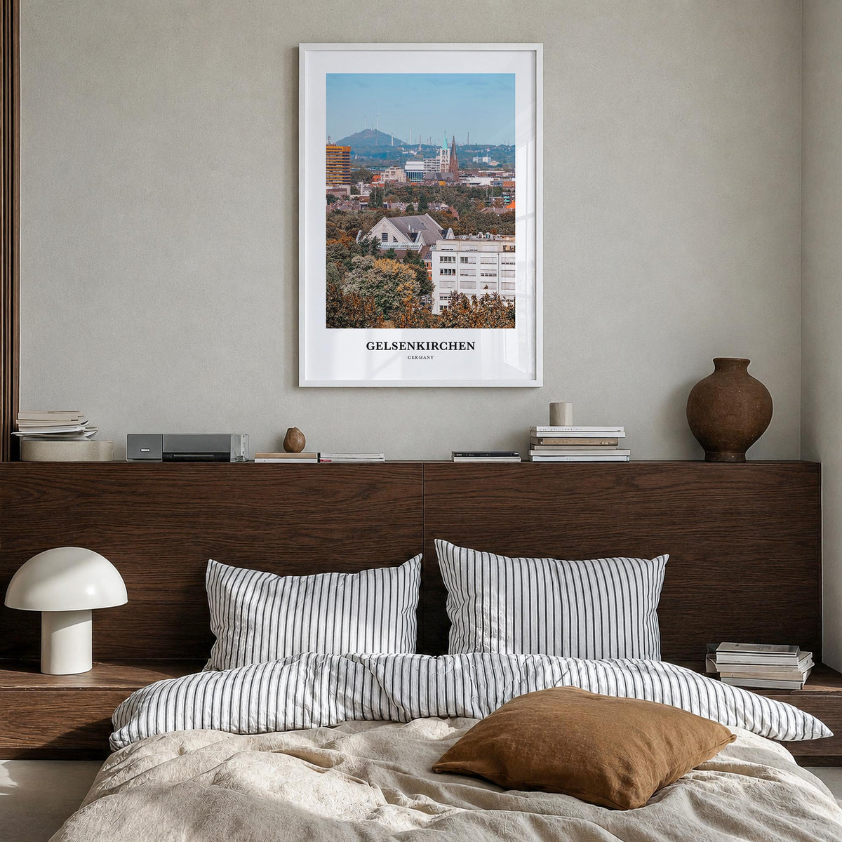 Gelsenkirchen colorful classic poster of Germany – vertical wall art in white wood frame, hanging on wall
