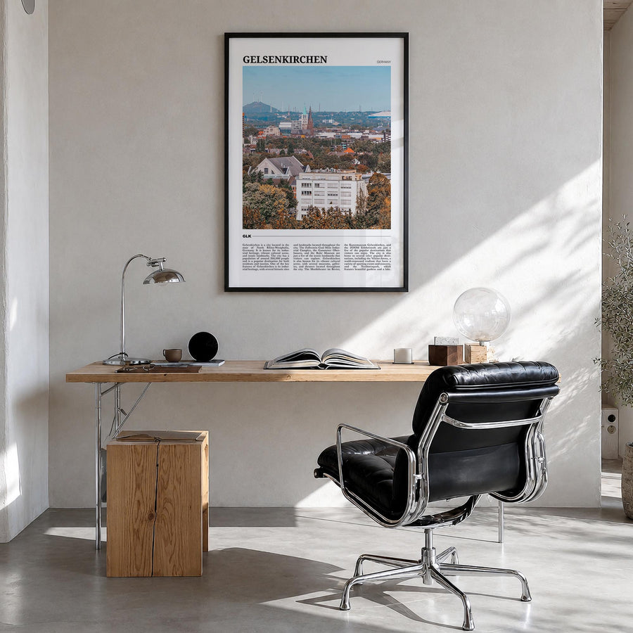 Gelsenkirchen colorful travel poster of Germany – vertical wall art in black wood frame, hanging on wall