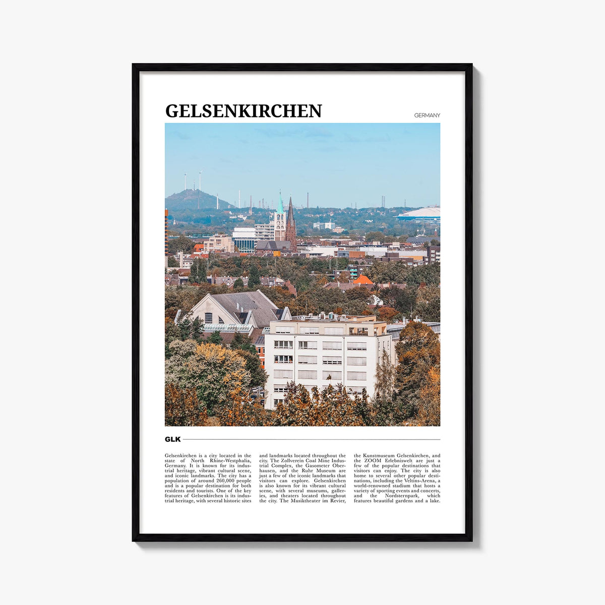 Gelsenkirchen colorful travel poster of Germany – vertical wall art, unframed print shown in interior mockup