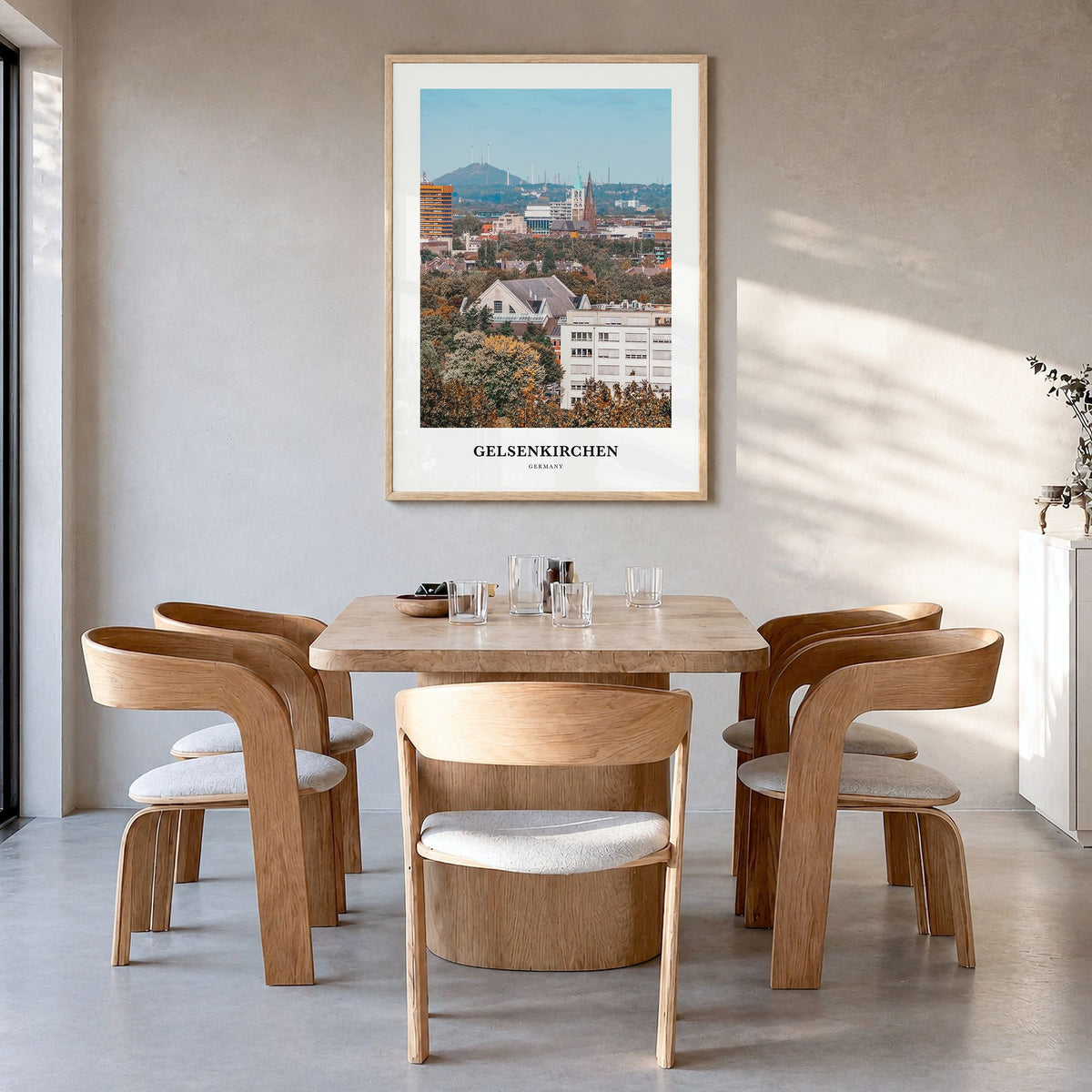 Gelsenkirchen Classic Poster in a natural wood frame, hanging in a dining room