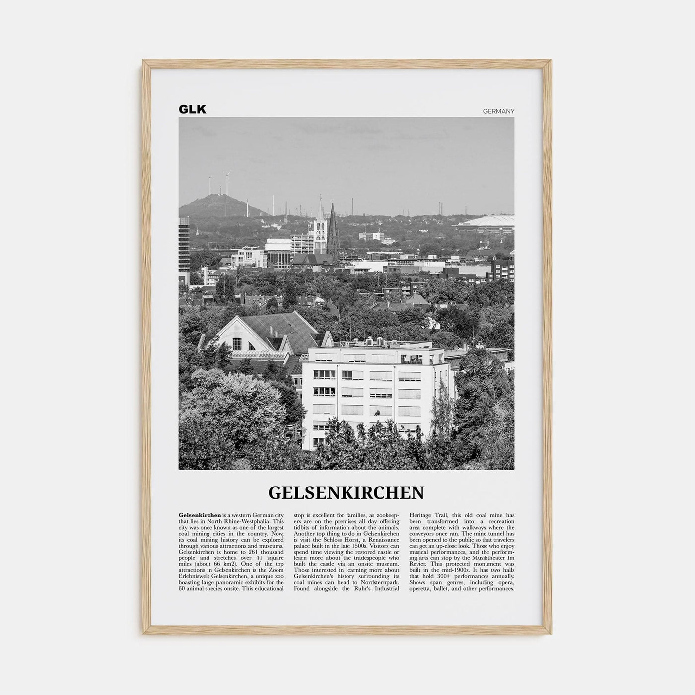 Gelsenkirchen Poster Natural Wood / 8x12 in Nbourhood Travel B&W Poster