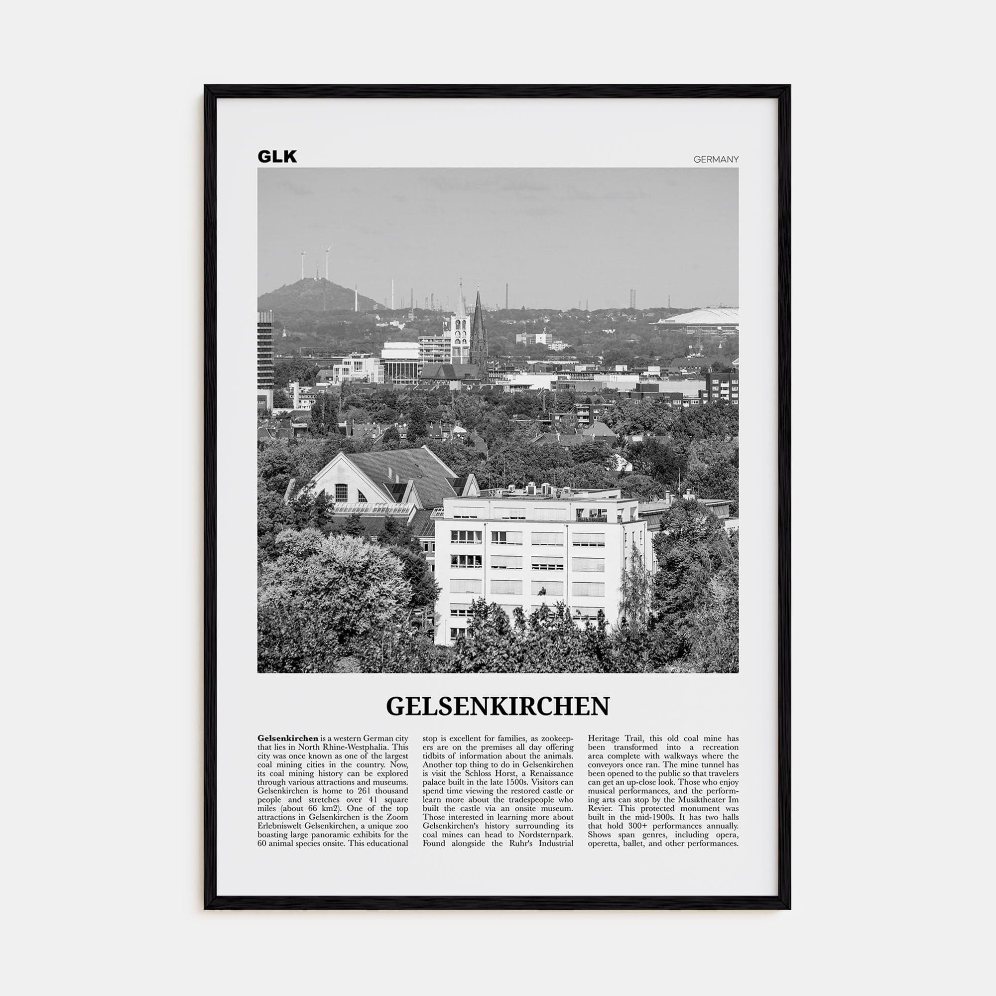 Gelsenkirchen Poster Black Wood / 8x12 in Nbourhood Travel B&W Poster