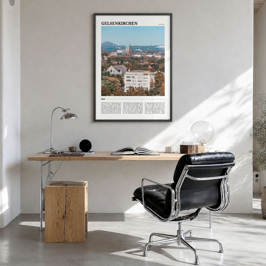 Gelsenkirchen Travel Poster in a black wood frame, hanging in a bright home office