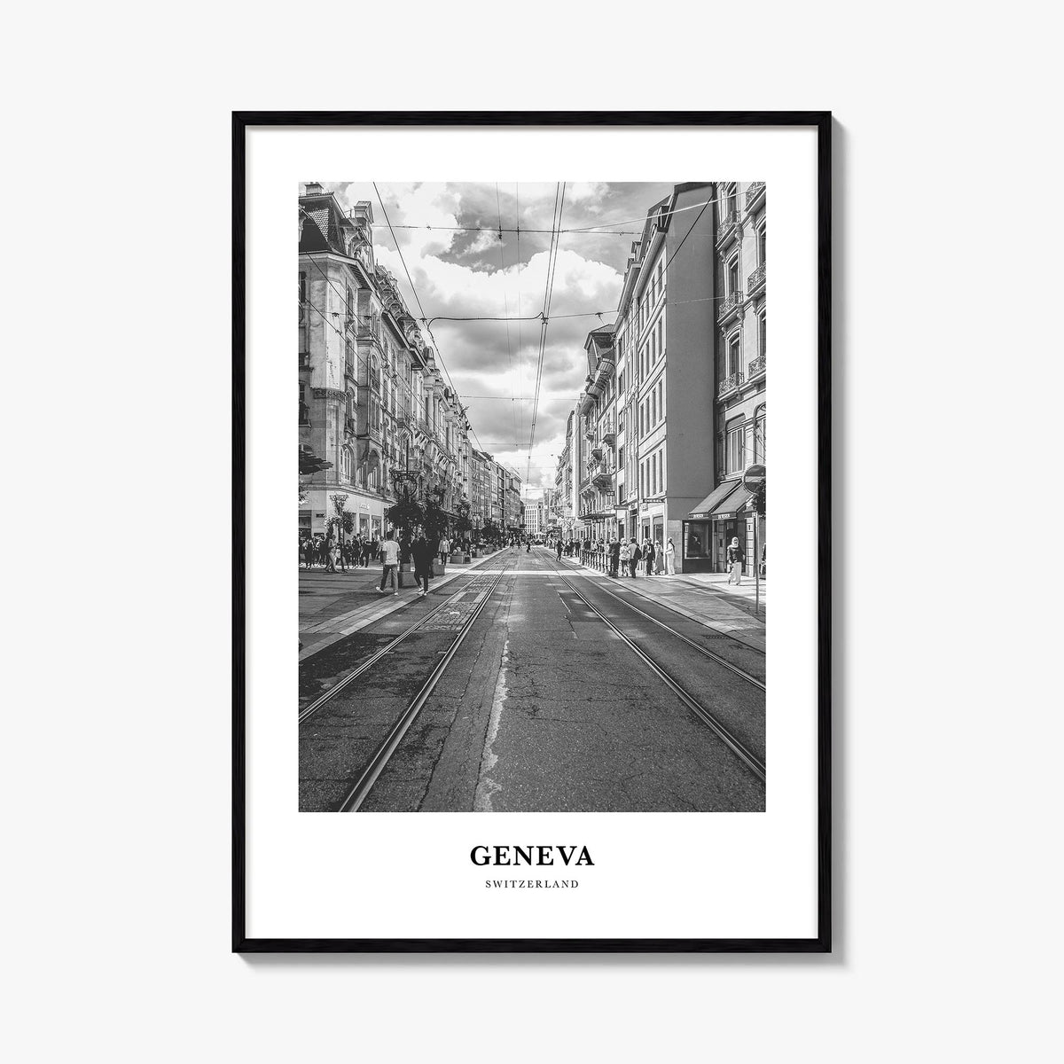 Geneva black & white classic poster of Switzerland – vertical wall art, unframed print shown in interior mockup
