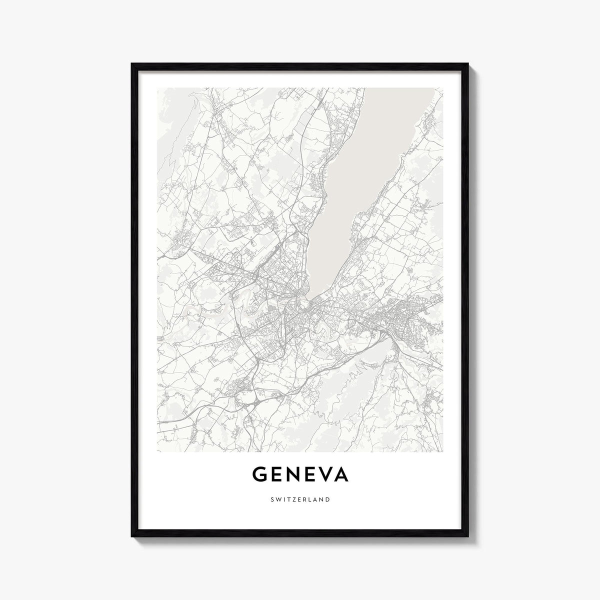 Geneva black & white map poster of Switzerland – vertical wall art, unframed print shown in interior mockup