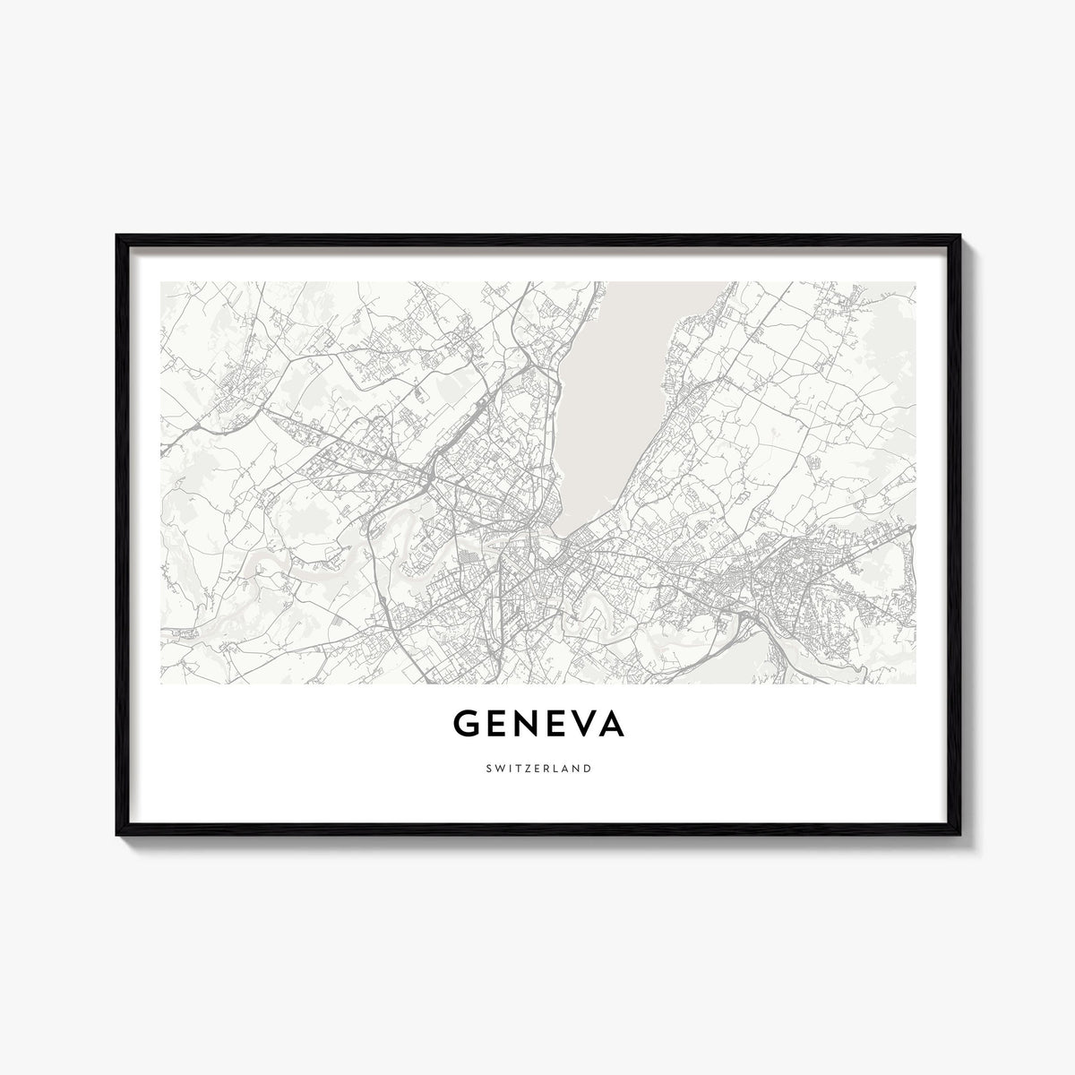 Geneva black & white map poster of Switzerland – horizontal wall art, unframed print shown in interior mockup