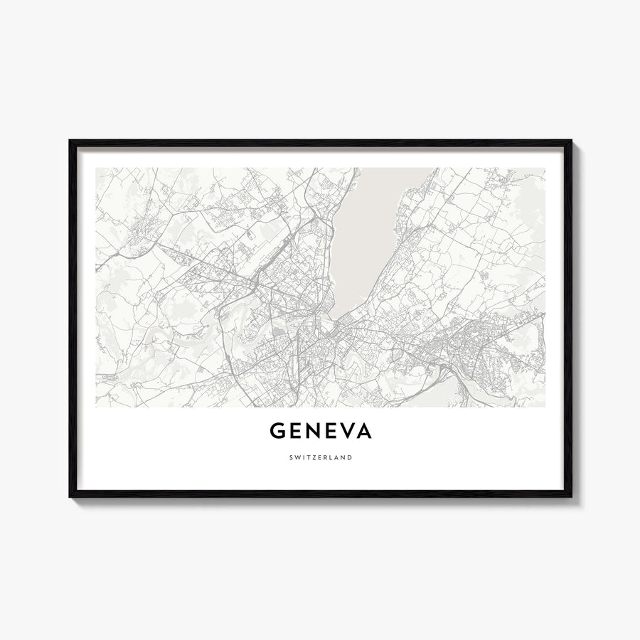 Geneva black & white map poster of Switzerland – horizontal wall art, unframed print shown in interior mockup
