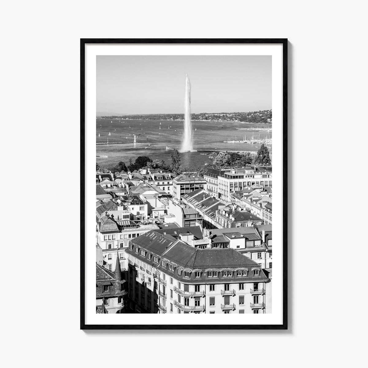 Geneva black & white photo poster of Switzerland – vertical wall art, unframed print shown in interior mockup