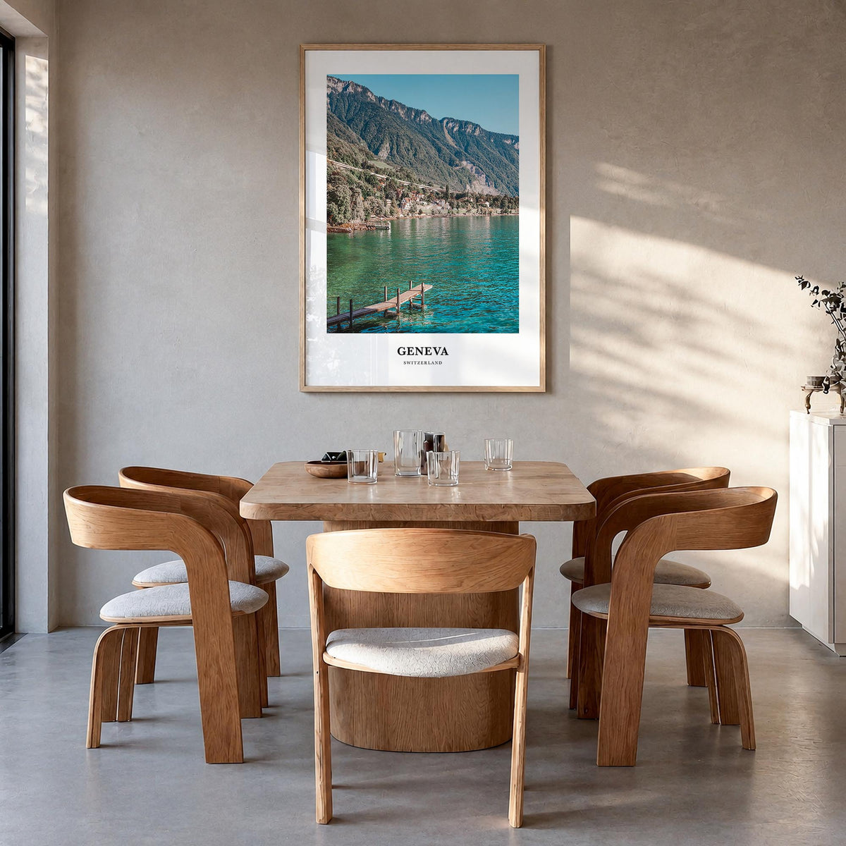 Geneva colorful classic poster of Switzerland – vertical wall art in natural wood frame, hanging on wall