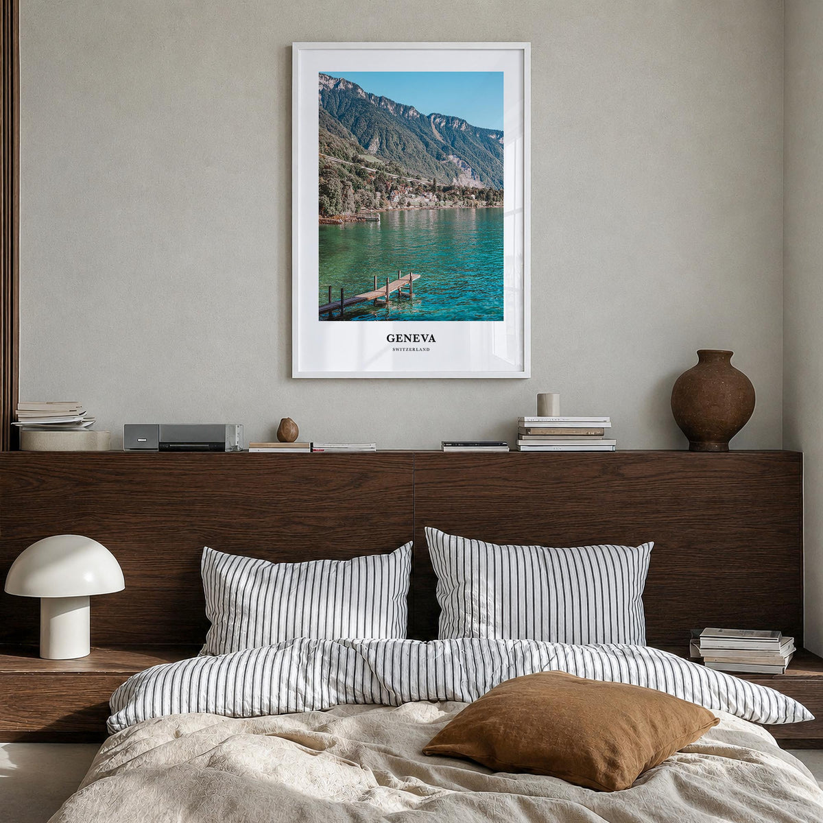 Geneva colorful classic poster of Switzerland – vertical wall art in white wood frame, hanging on wall