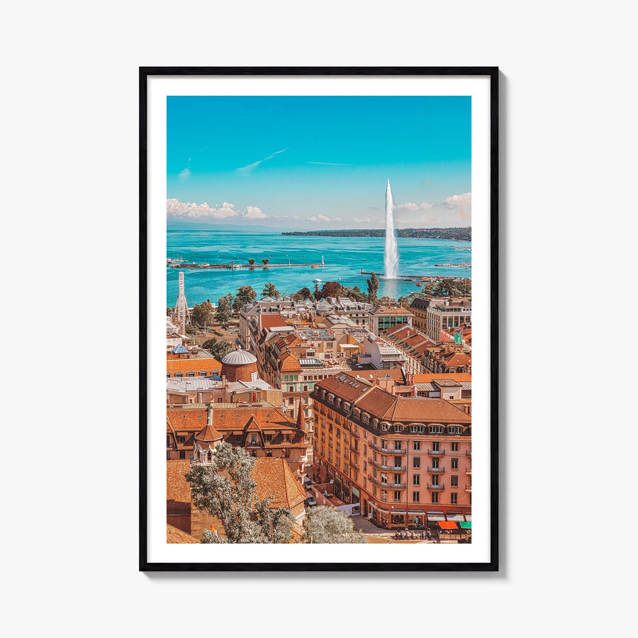Geneva colorful photo poster of Switzerland – vertical wall art, unframed print shown in interior mockup